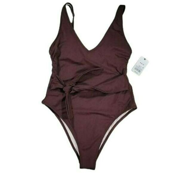Shade And Shore‎ Plunge Tie-Front Wrap One Piece Brown Swimsuit Size S New - Picture 3 of 4